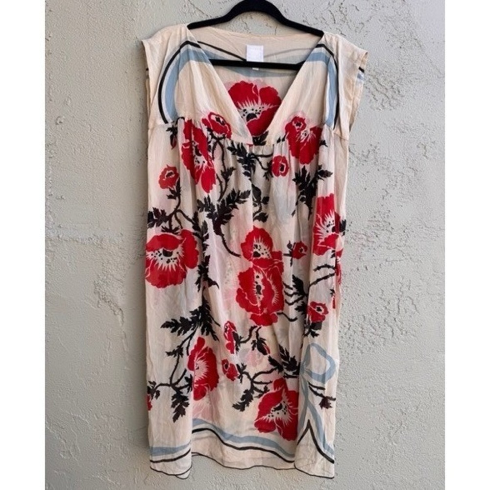 Anna Sui Cream Poppy Floral Sheer Sleeveless Shift Dress SMALL Designer Boho - Picture 1 of 9
